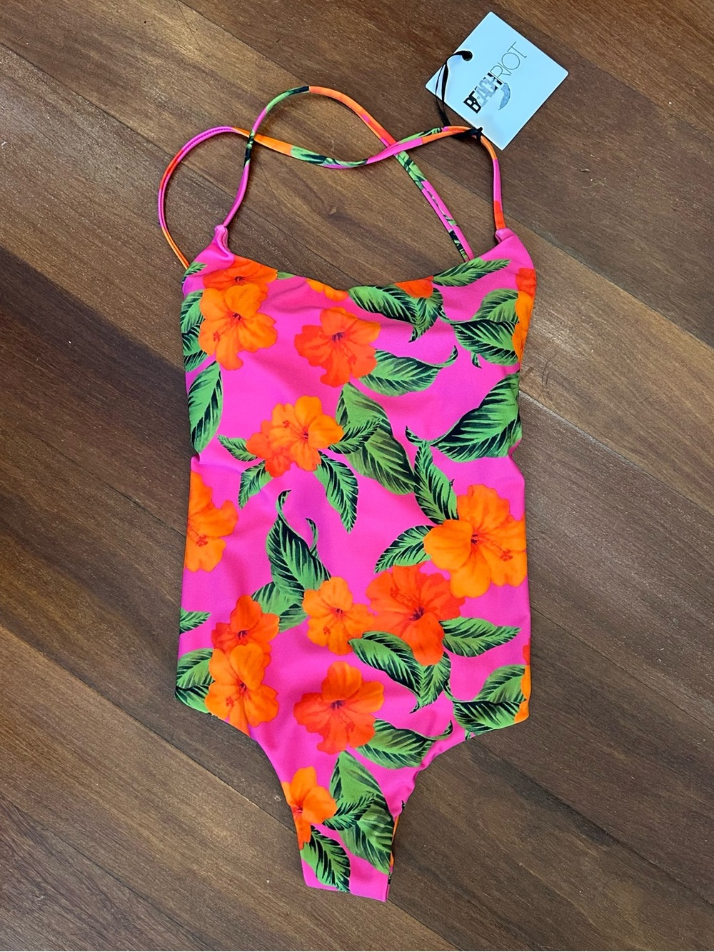 NWT Beach Riot Hot Pink One-Piece Lace Up Cheeky Swimsuit - Orange Floral Print